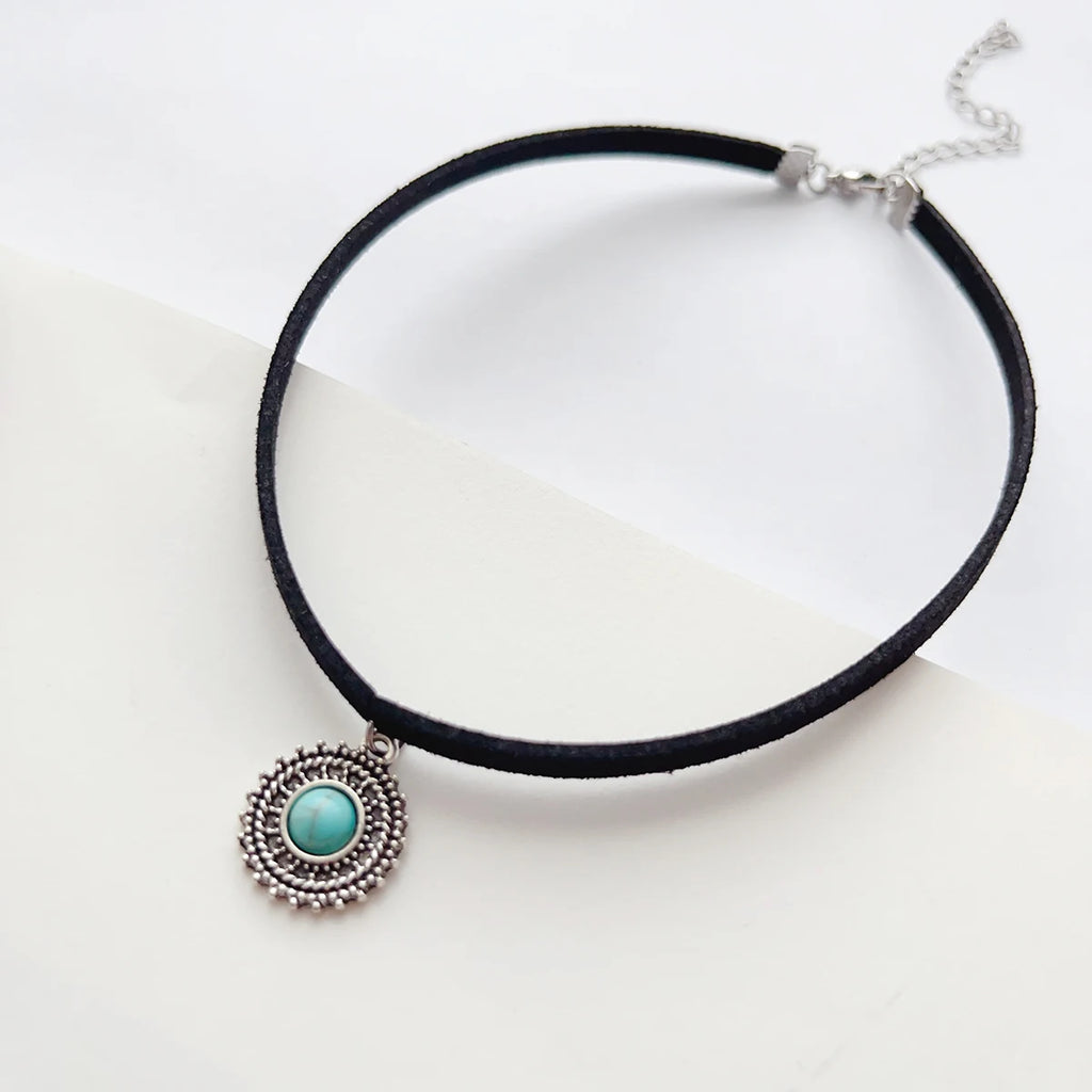 Boho Vamp Rope Choker with Turquoise Pendant