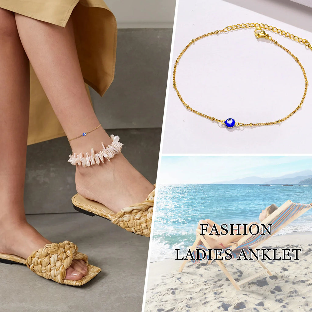 Gold-Plated Stainless-Steel Lucky Blue Evil Eye Anklet - Various Styles!!