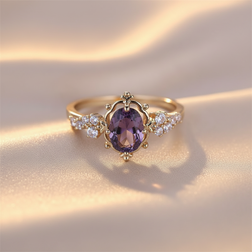 Gold Plated Copper Ring with Purple Oval Crystal Stone & Clear CZ - Romantic, Vintage Looking