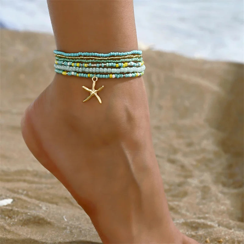 Bohemia Multilayer Rice Bead Starfish Summer Anklet - Choose Yours