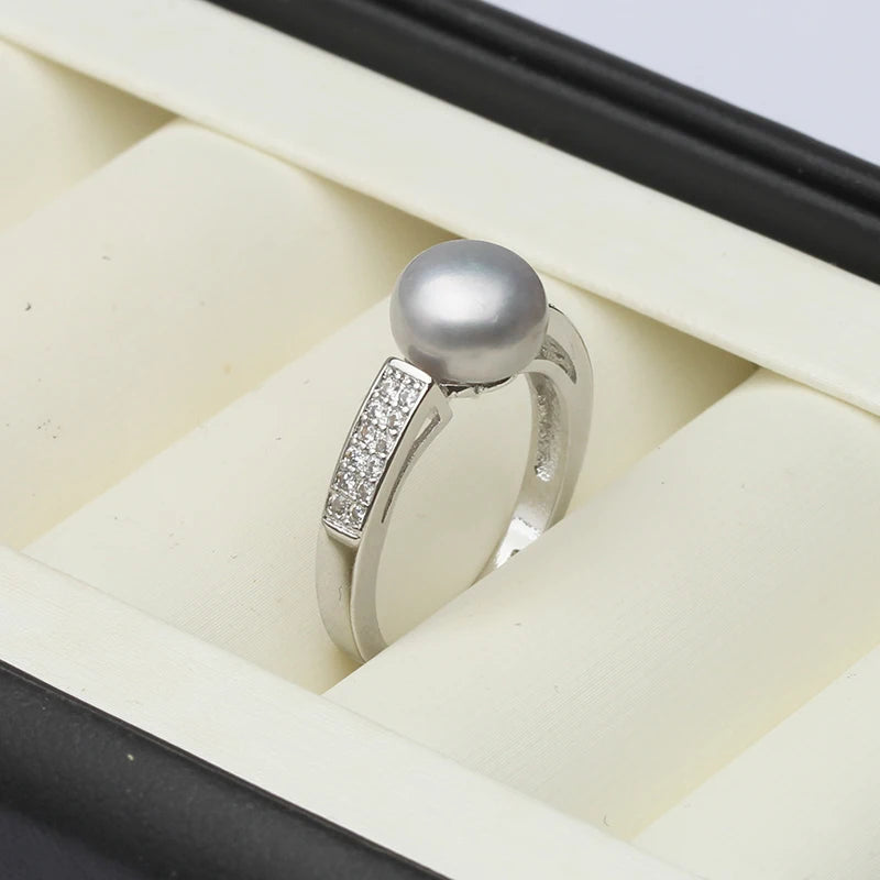 Genuine Freshwater Pearl Zircon Adjustable 925 Sterling Silver Ring