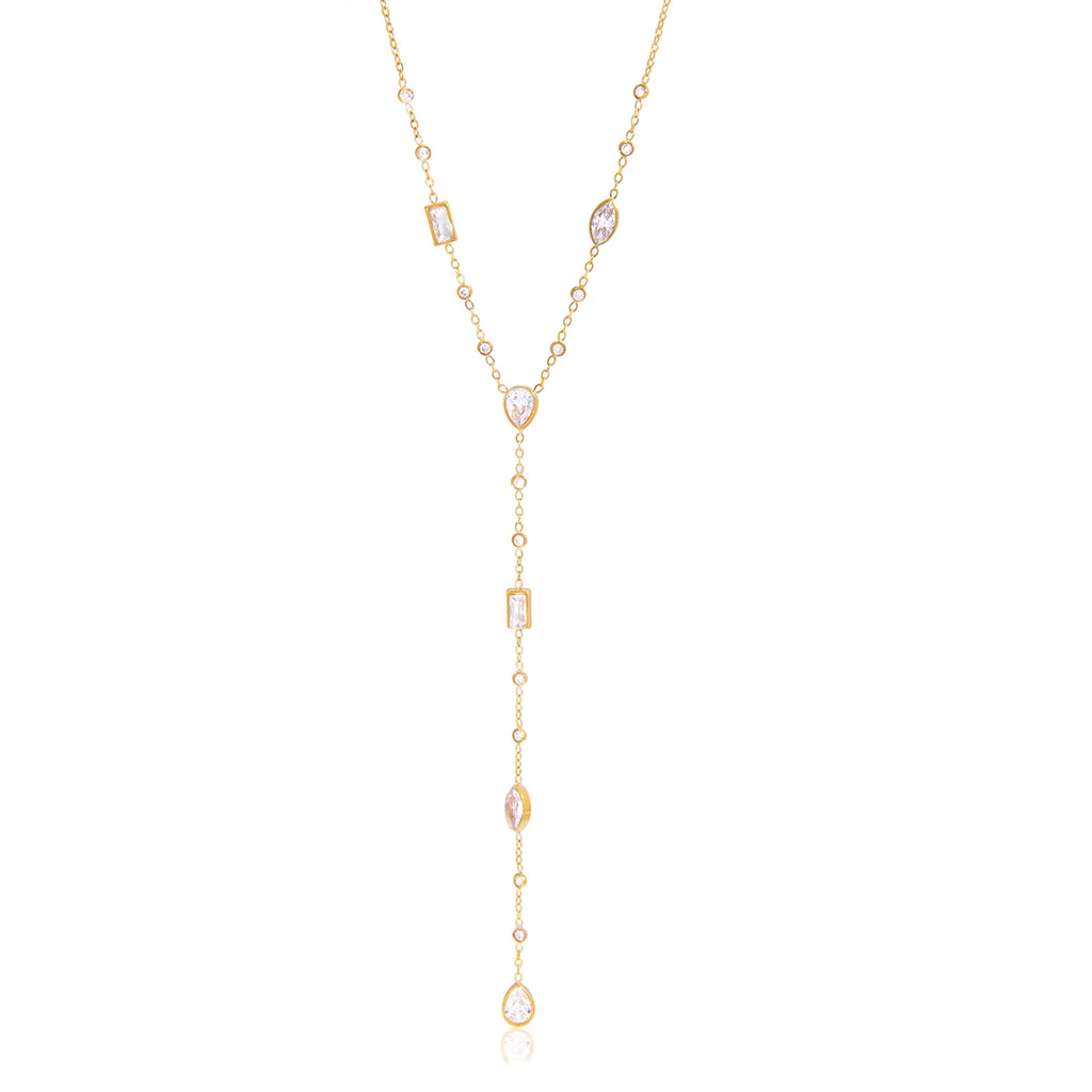 Long Y-Shaped Necklace with Geometric Zircons in 18K Gold-Plated Stainless Steel