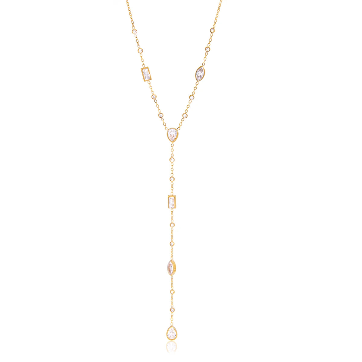 Long Y-Shaped Necklace with Geometric Zircons in 18K Gold-Plated Stainless Steel