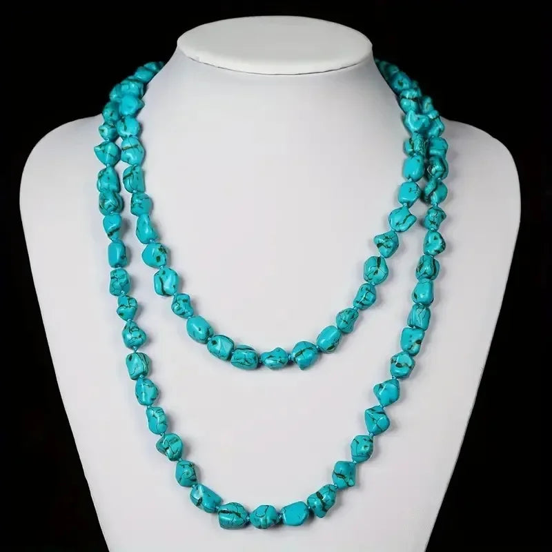 Boho Long Knotted Natural Turquoise Beads Necklace