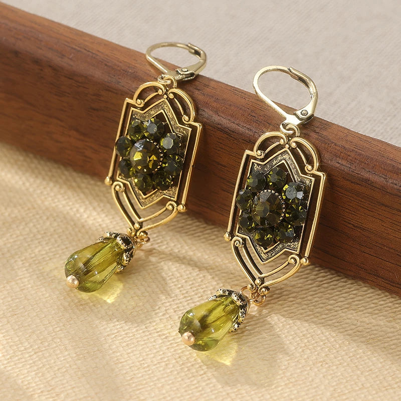Victorian Edwardian Art Nouveau - KC Gold Plated Copper Green Stone Earrings