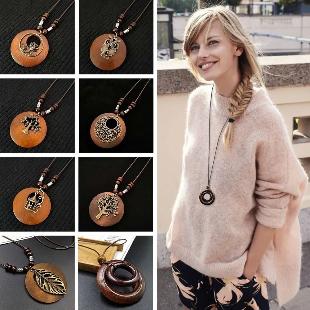 Selection of Retro Wooden Pendant Alloy Chain Necklace
