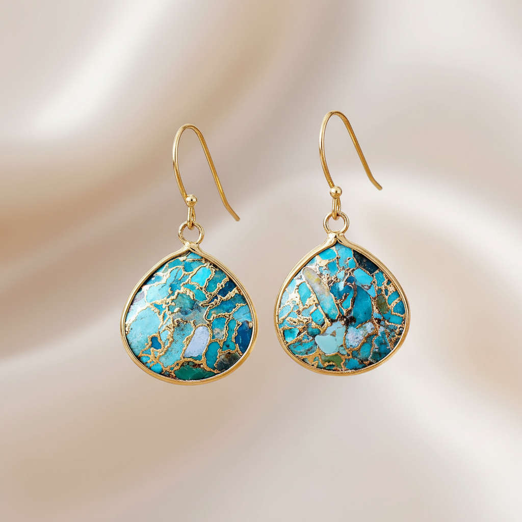 Turquoise Blue Marbled Stone Copper Drop Earrings