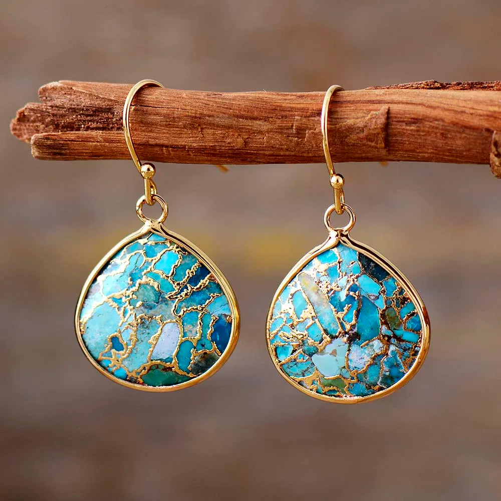 Turquoise Blue Marbled Stone Copper Drop Earrings