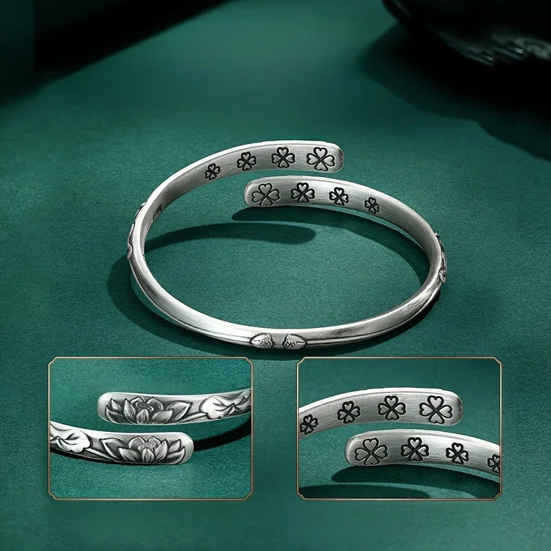 Thai Silver Lotus Flower Cuff Bracelet with Symbols