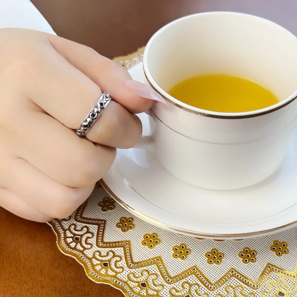 Black Zircon Geometric Band Ring in 925 Sterling Silver & Yellow Gold Plating