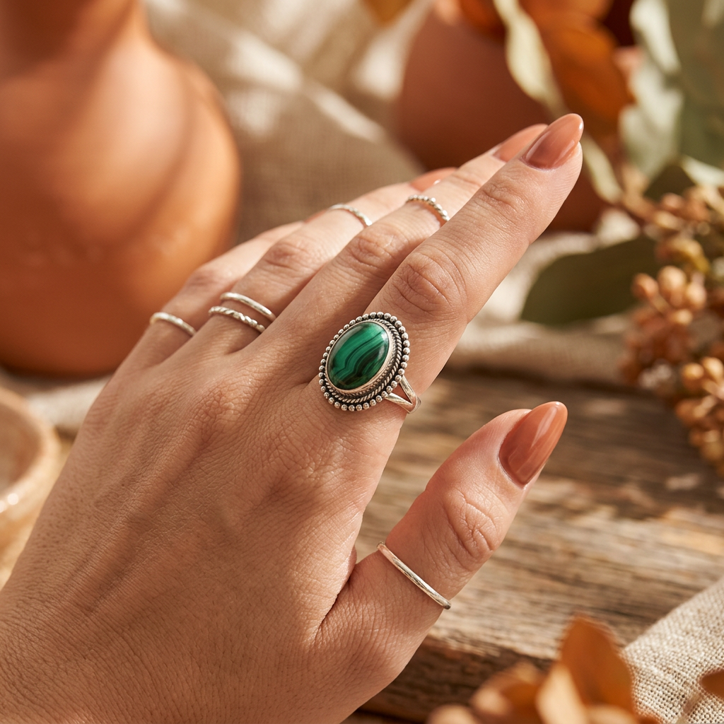 Large Oval Malachite Statement Ring – Silver-Plated Copper Bold Vintage Style