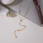 Long Y-Shaped Necklace with Geometric Zircons in 18K Gold-Plated Stainless Steel