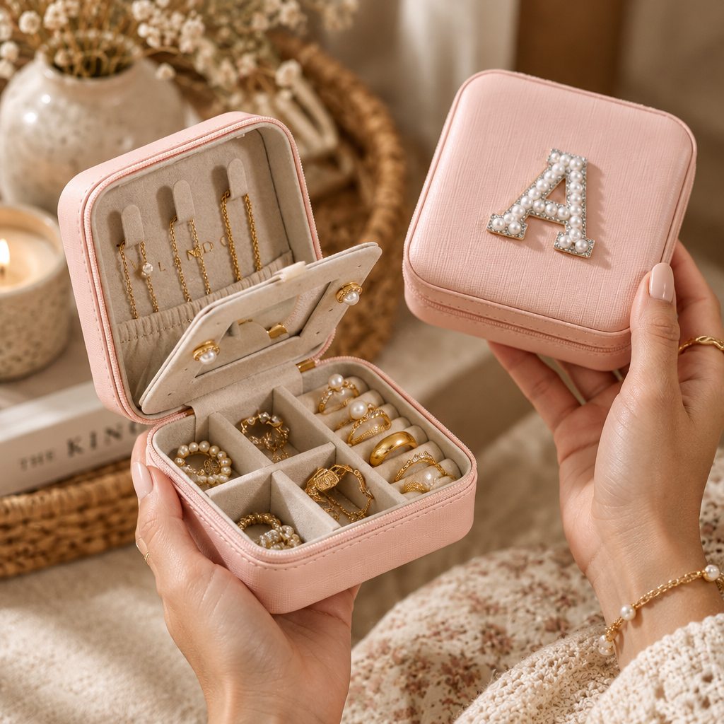 Personalized Leather Jewelry Travel Box with Pearl Initial