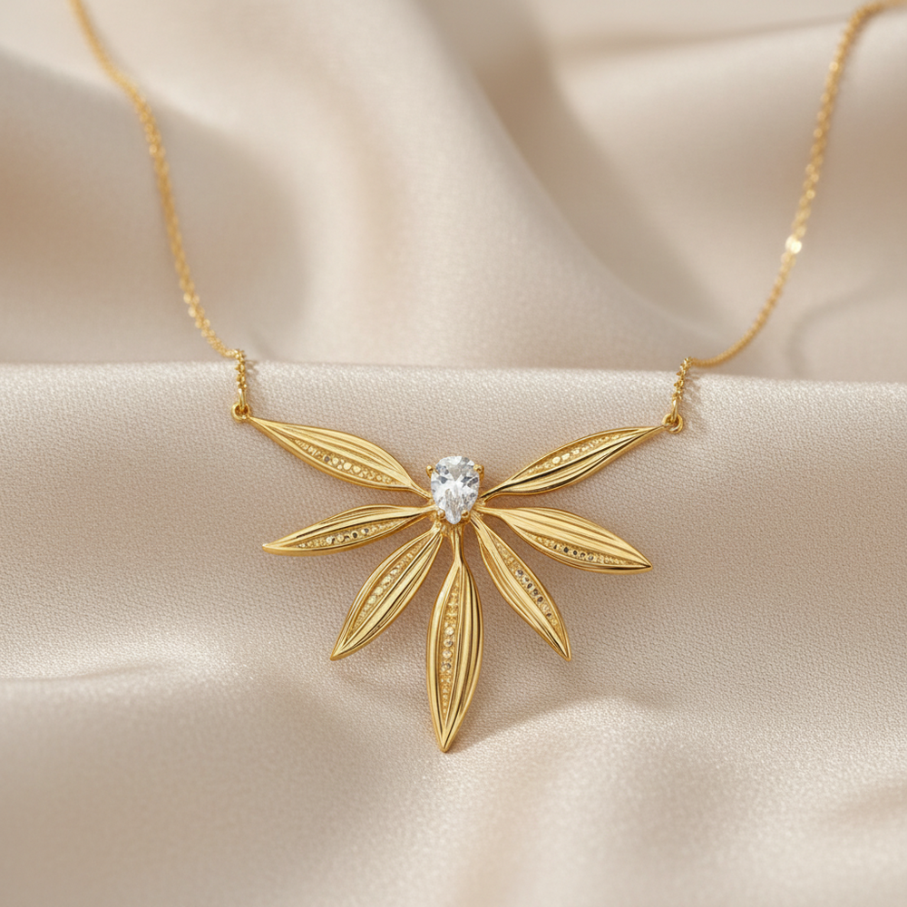 Gold Tone 925 Sterling Silver Leaf Pendant Necklace