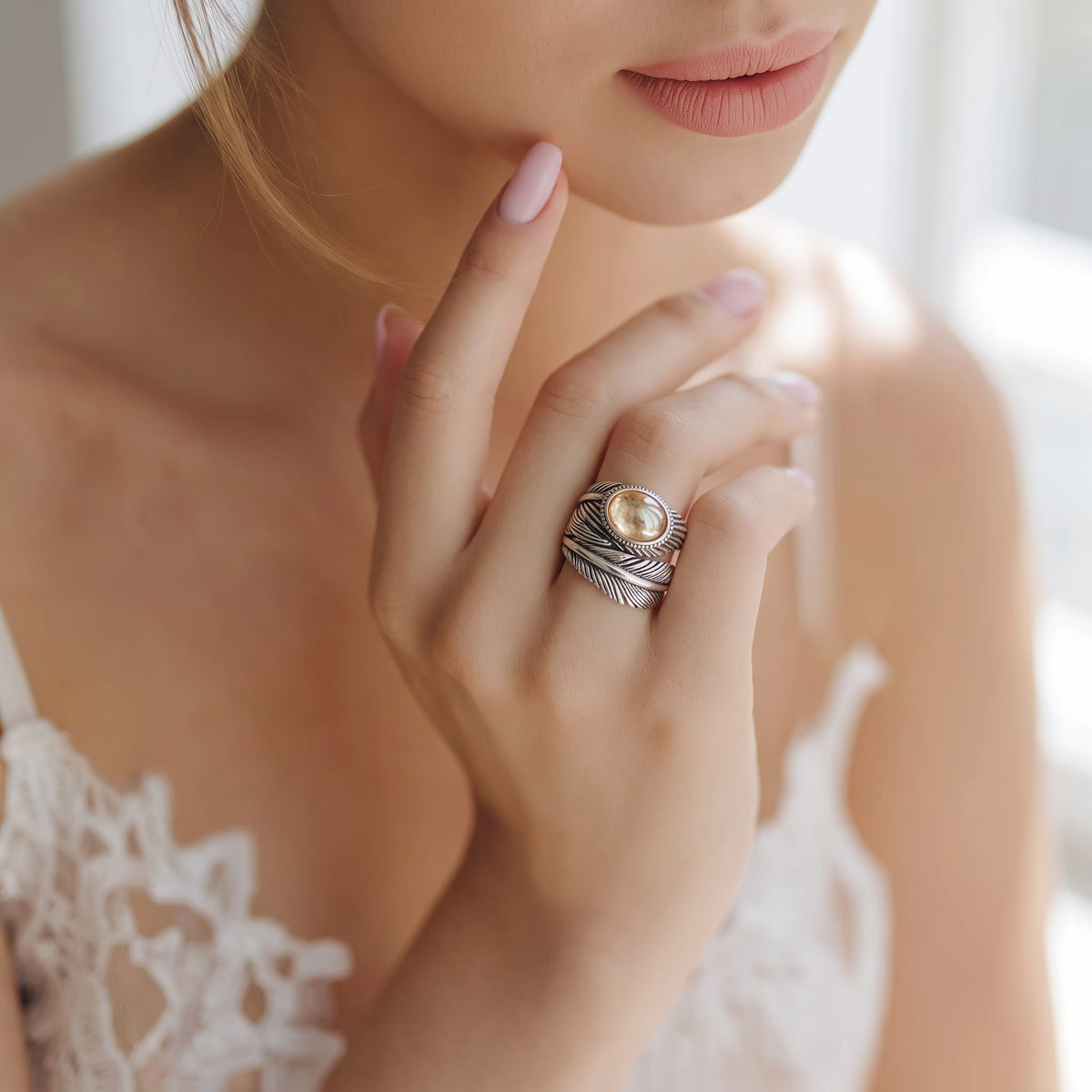 925 Sterling Silver Citrine Feather Adjustable Ring
