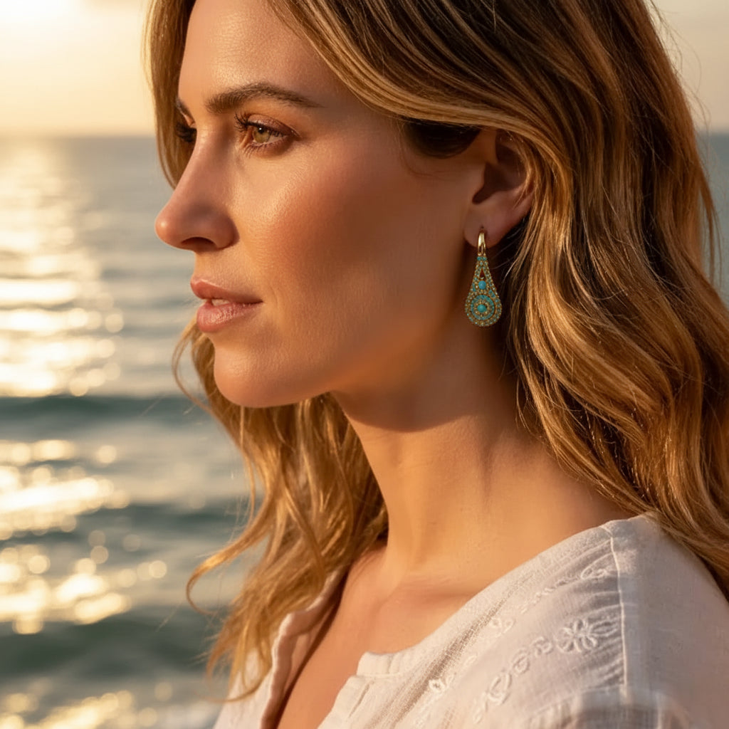Bohemian Blue Stone Inlaid Gold-Plated Alloy Drop Earrings